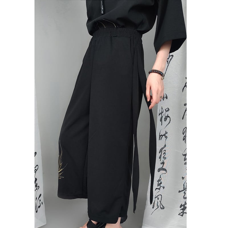 [Kuraho Koya Series] ★China style pants★ Embroidery 2color Gold or Silver Gaucho Pants Gaucho Black Black