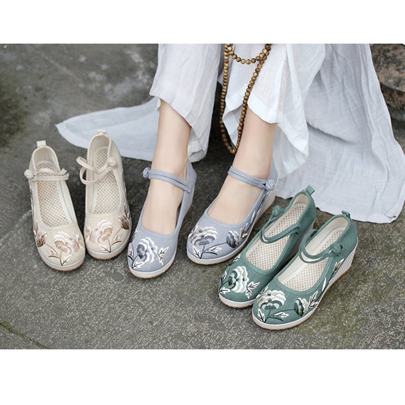 [JINGCHENG series] ★China style shoes★ Shoes 3color embroidery High heels 6.5cm Size 35-40 Tang clothing, cotton linen