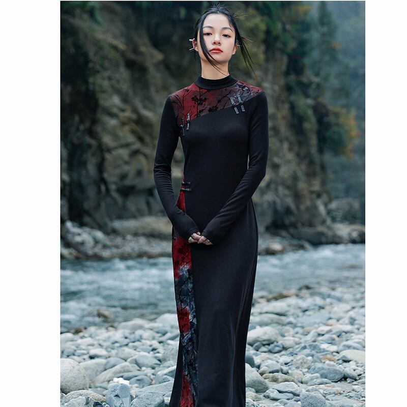 [Daiseiryusu series] ★China style dress★ Knit dress, changeover, Chinese button, slim fit, slim