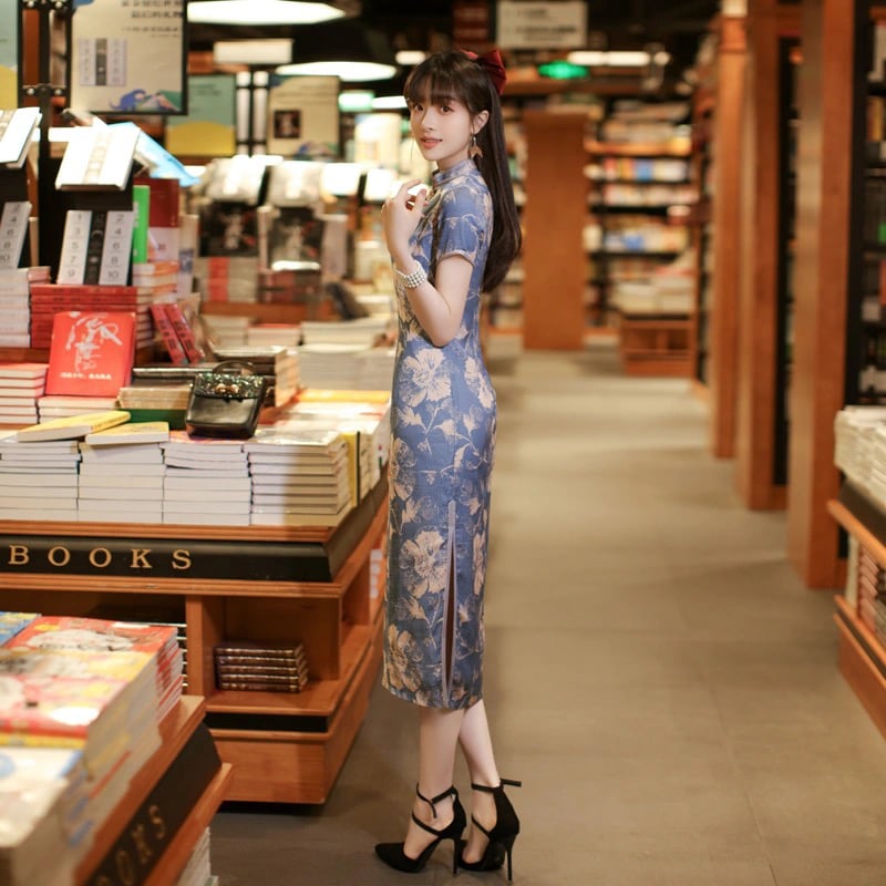 [YIJIA Series]★Cheongsam dress★ Long length one piece floral pattern blue party wedding large size