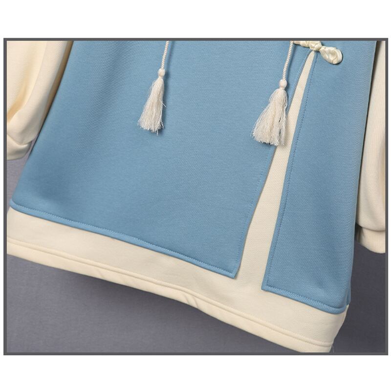 [Bamboo Series] ★Chinese style hoodie★ Fleece lining hoodie dress Chinese clothing embroidery Large size Blue Blue