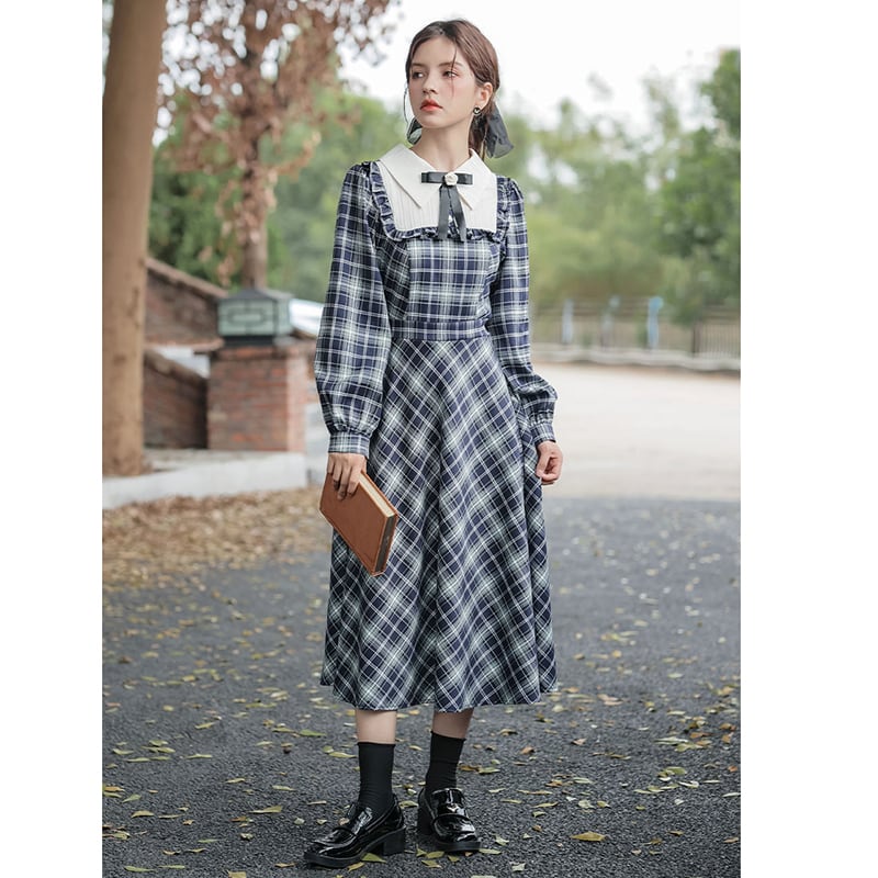 [Big Orange Series] ★One Piece★ Plaid Retro Ladies Commuting Date School Blue Blue Cute