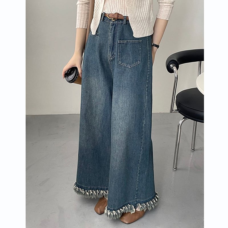 [Togawa Series] ★Denim Pants★ Gaucho Pants Trousers Bottoms Wide Pants Blue Blue ML