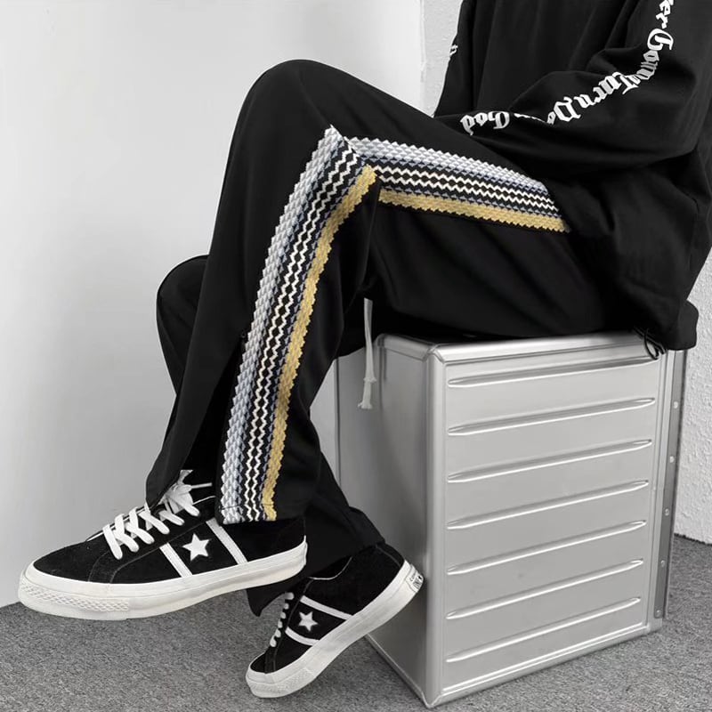 [Leonbinno Series] ★Pants★ Newly added brushed lining type Casual pants Slit Vertical stripes Striped pattern Black Black ML XL 2XL