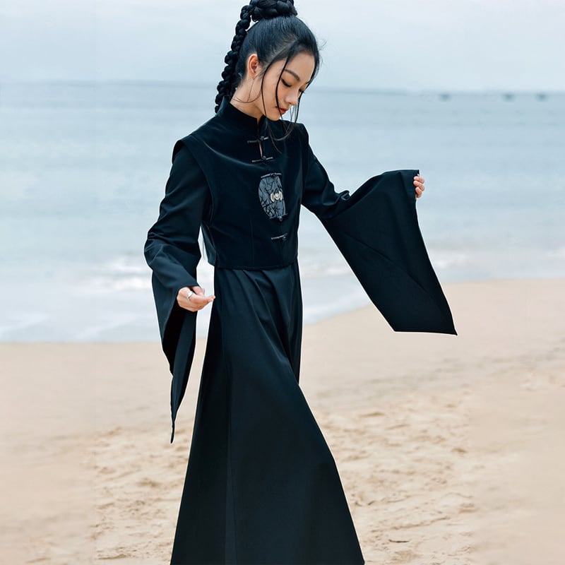 [Da Qinglong Shu Series] ★Chinese style dress★ Fake layered Chinese clothing slimming black black original