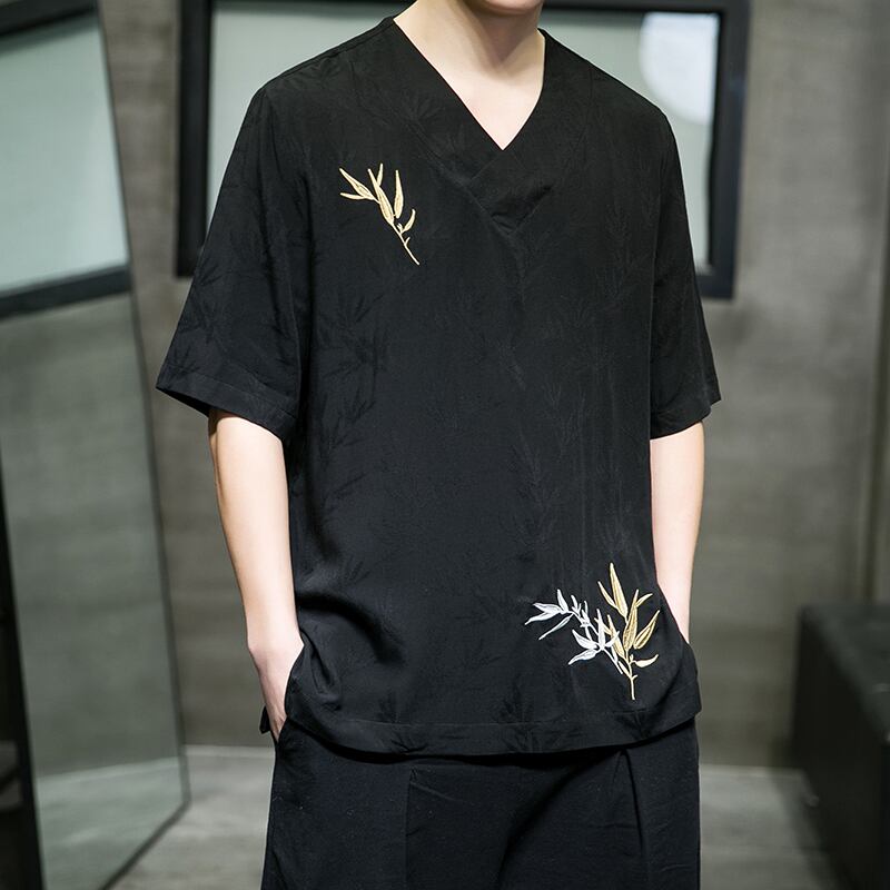 [JIARONG Series]★China style T-shirt★ Embroidery tops 3color Unisex Men's Large size Thin V-neck