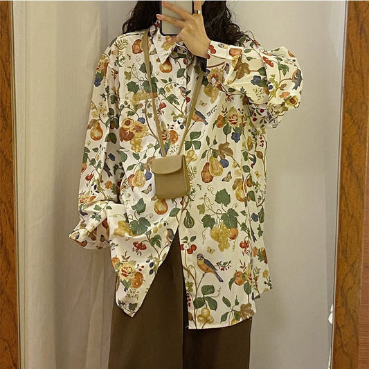 [YOUZI Series]★Shirt★ Tops, oil painting style, floral pattern, loose, retro, commuting, date, cute, cheap, easy to match, thin, spring/summer