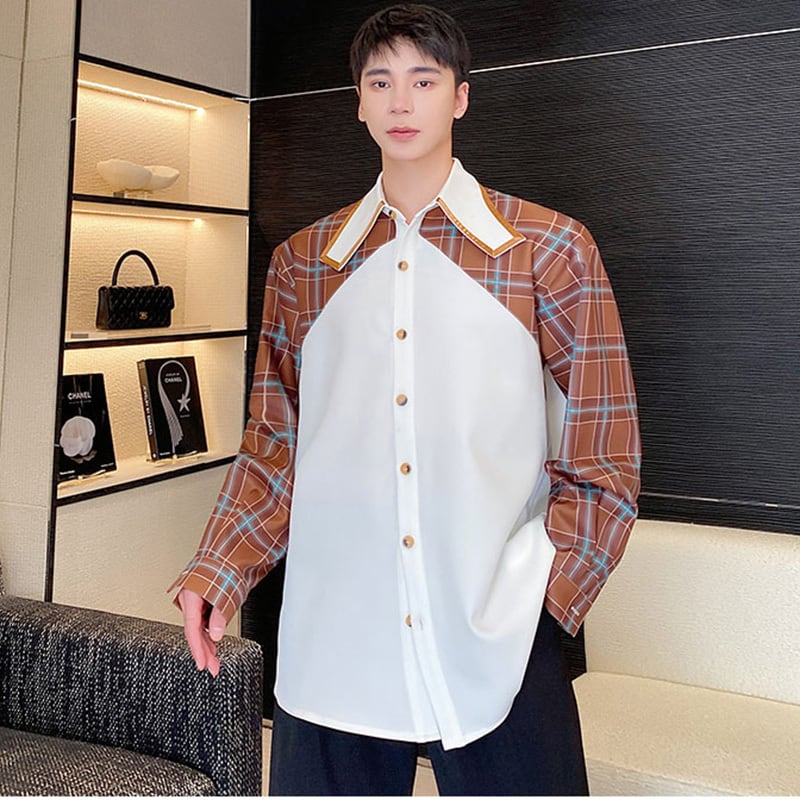 [Illustrated Series]★Shirt★ Tops Unisex Men's Spring Clothes Long Sleeve Shirt Switching Plaid Pattern Faux Layered