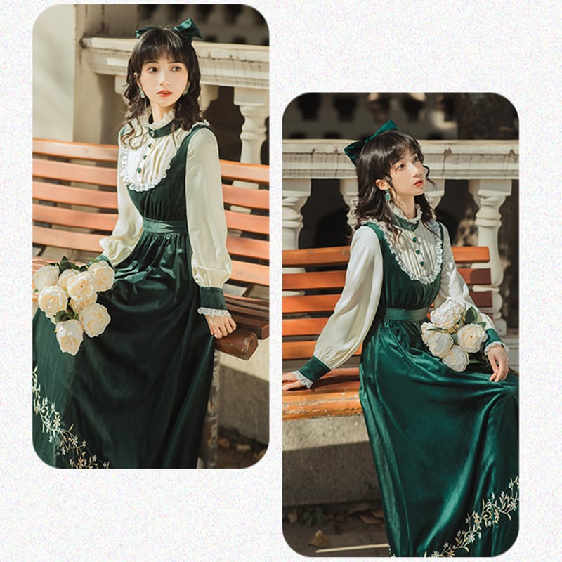 [Nan Kemu Series] ★One Piece★ Long Length Velvet Embroidery Women's Commuting Date Green Green SML XL