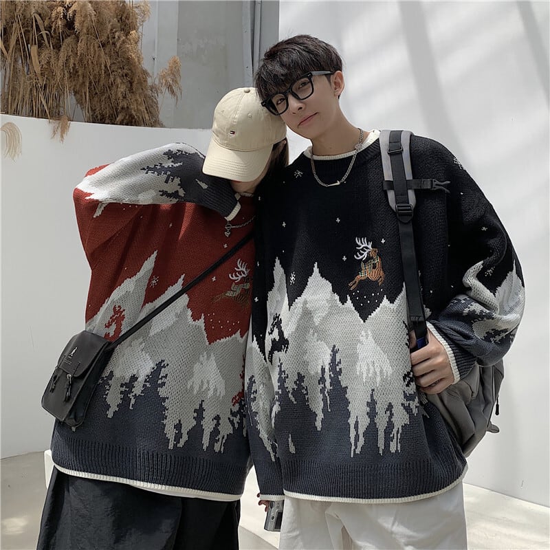 [CHAOPANG Series]★Sweater★ Tops 2color Unisex Men's Snow Mountain Christmas Black Red Black Red