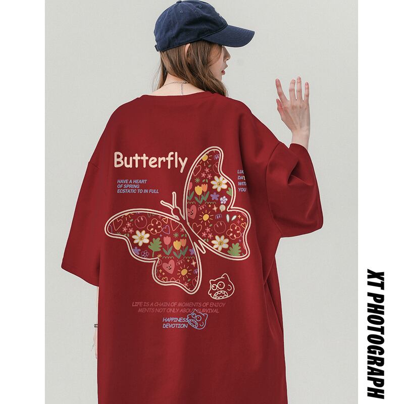 [Wrzb Series]★T-shirt★ Tops 5color Unisex Men's Butterfly Red Gray Black Blue Brown Easy to match