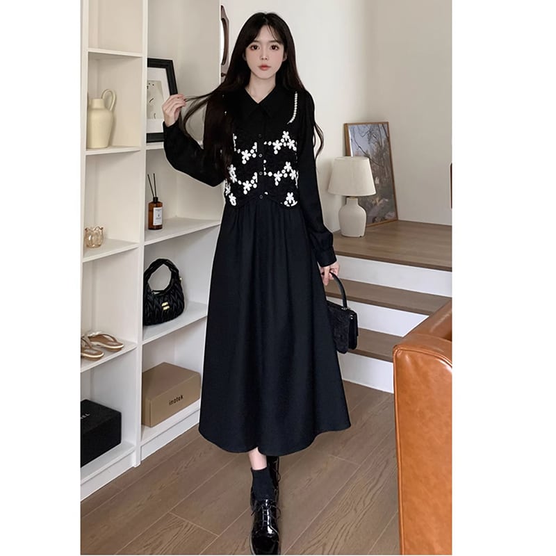 [CHUNYU Series] ★Dress★ Switchable long sleeve dress Floral pattern Black Black Large size Slimming and improving your temperament