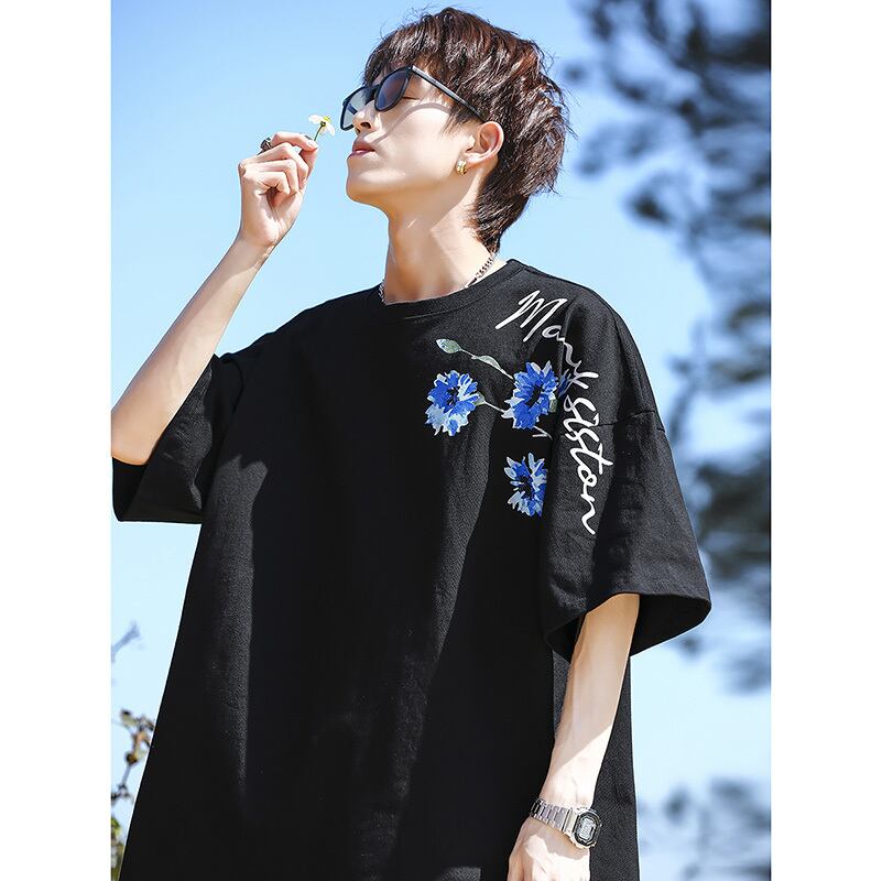 [MANYSTON Series]★T-shirt★ Tops 3color Unisex Men's Short Sleeve Floral Pattern Blue White Black Casual