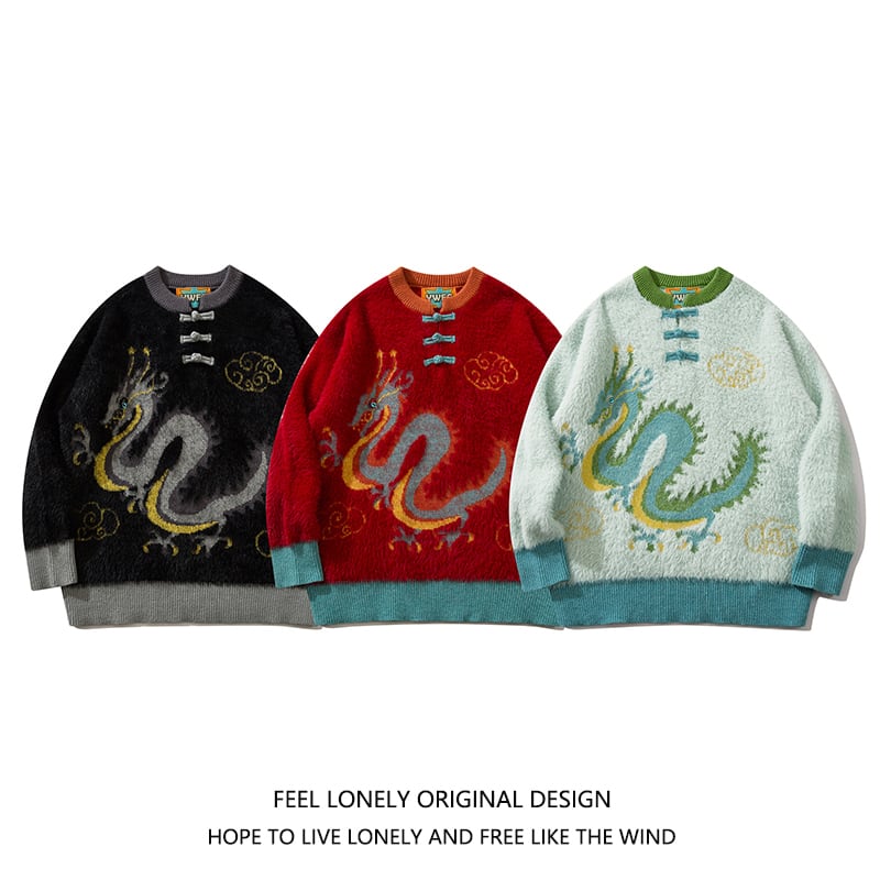 [Feel lonely series]★China style sweater★ 3color knit tops dragon dragon crest unisex men's new year