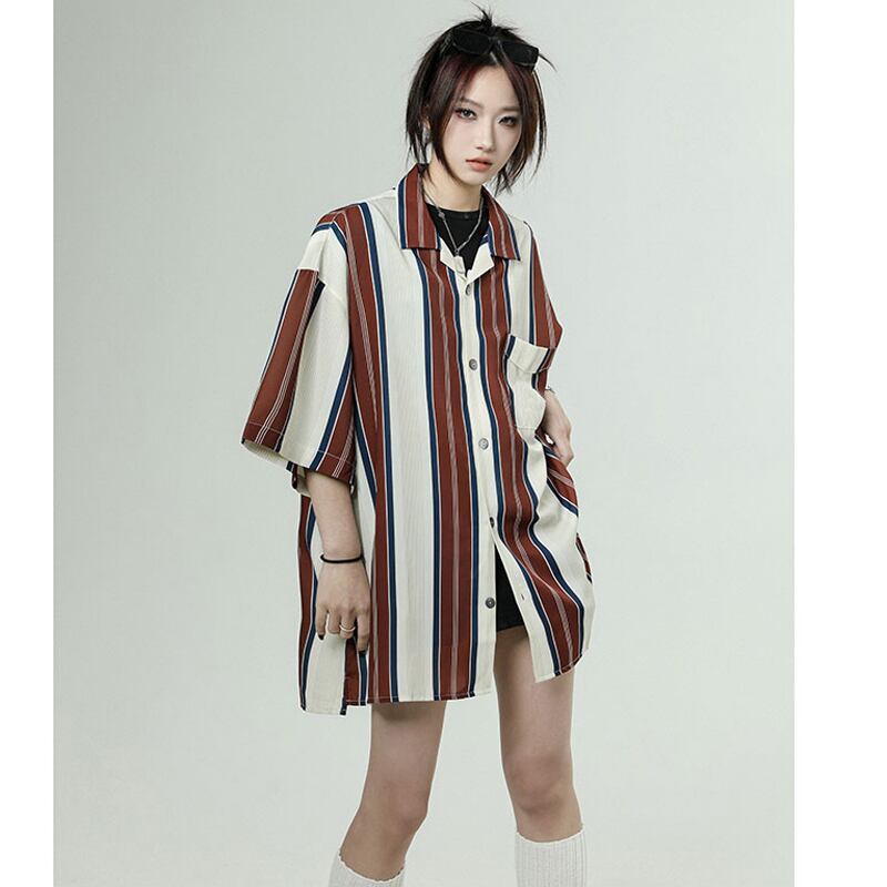 [YOUHAN Series]★Retro Shirt★ Unisex Men's Short Sleeve Tops Chiffon Vertical Striped Striped Pattern Retro