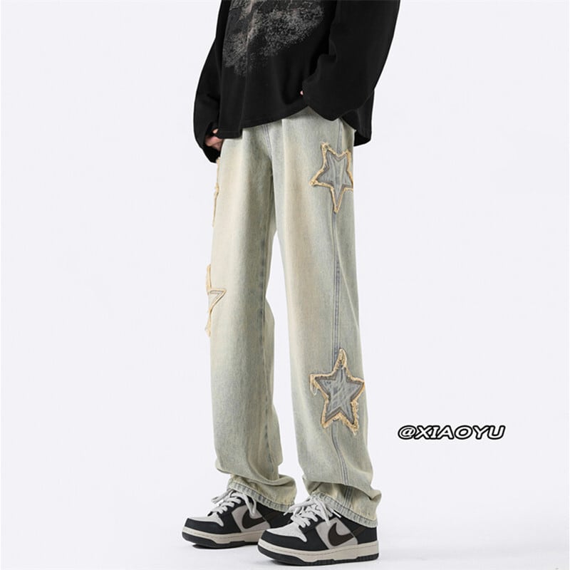 [Emeisa Series] ★Denim Pants★ Bottoms Pants Unisex Men's Retro Star Star Large Size