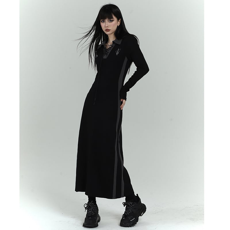 [LadyGhost Series]★Dress★ Dress POLO neck slimming long dress cute SML black black