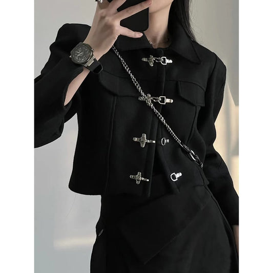 [SHANBEN Series] ★Outer★ Jacket Metal Button Black Black Casual Short Length Slimming Chinese Clothes