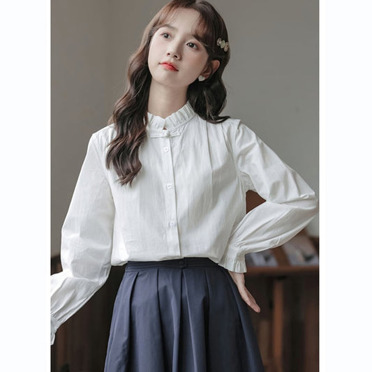 [SAIERMO series]★China style shirt★ Tops Chinese button cotton cute stand neck long sleeve shirt white