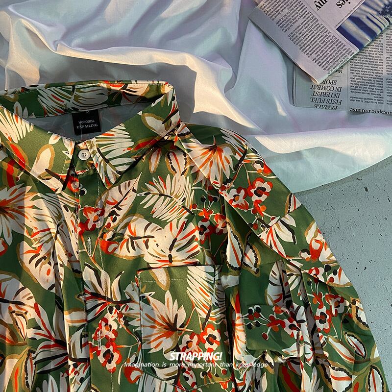 [STRAPPING Series]★Floral pattern shirt★ Tops, long sleeve shirt, unisex, men's fashion, chiffon