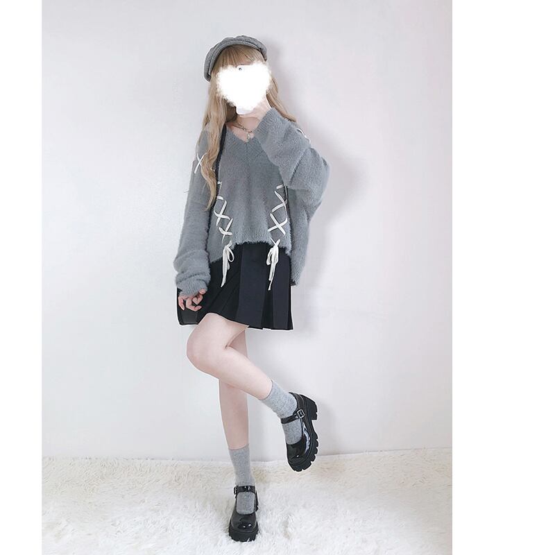 [Nekogan Series]★Sweater★ 2color Black or Gray Tops V-neck Fluffy Loose Black Date Cute