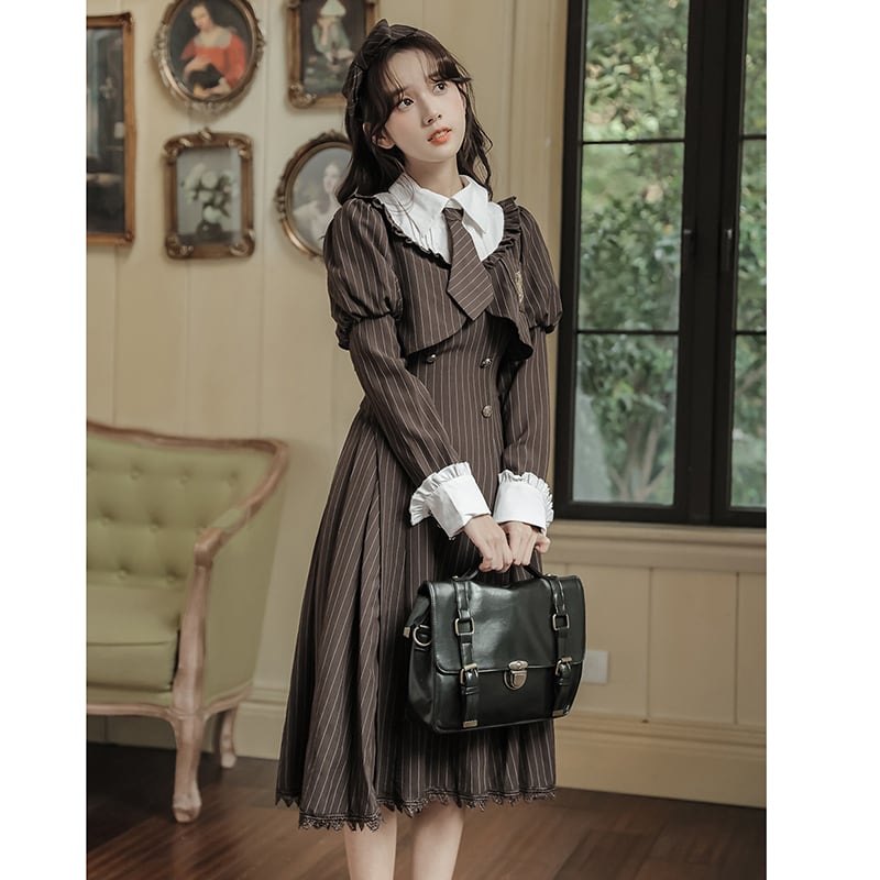 [GOODMORING Series]★Dress with tie★ Faux layered long sleeve dress Cute vertical striped striped pattern