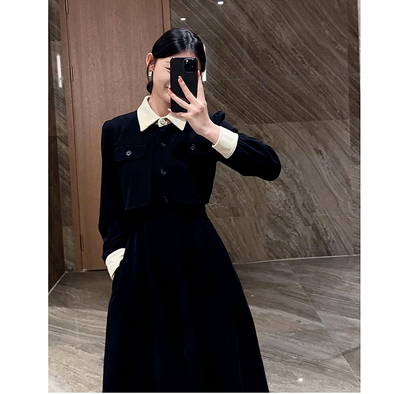 [ZHENMANZI Series] ★One Piece★ Faux layered long sleeve thick women's fashionable slimming appearance enhances your temperament Black Black