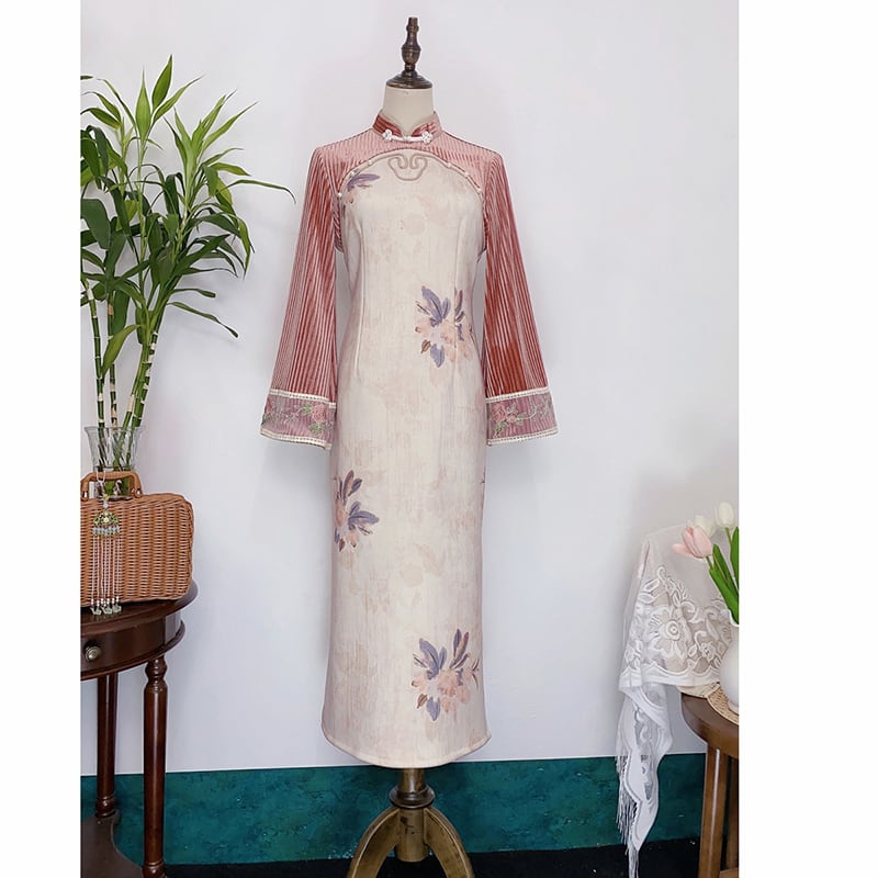 [Features---Flower language series] ★Cheongsam dress★ 2color dress Improves temperament Changeable floral pattern Green Pink