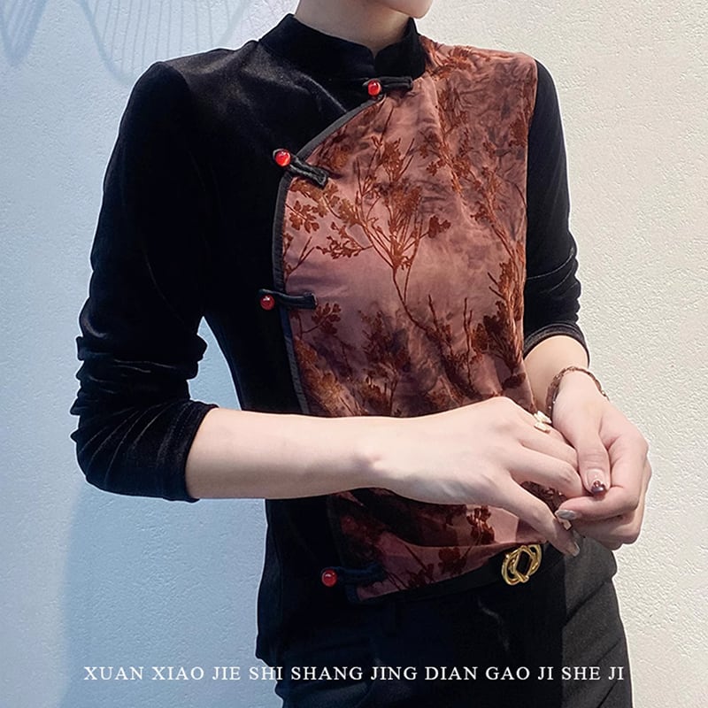 [XUAN series]★China style shirt★ 2color Chinese style tops velvet floral pattern switching large size