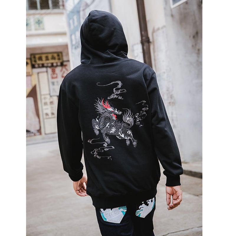 [High quality series] ★China style hoodie★ 2 colors Black or white Kirin embroidery Stylish Unique Unisex Men's Large size