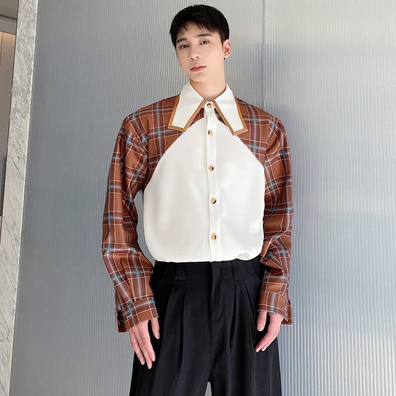 [Illustrated Series]★Shirt★ Tops Unisex Men's Spring Clothes Long Sleeve Shirt Switching Plaid Pattern Faux Layered