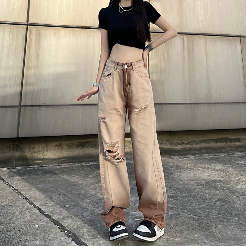 [SUFEI Series]★Denim Pants★ Trousers Bottoms Casual Distressed Unisex Brown Fashion