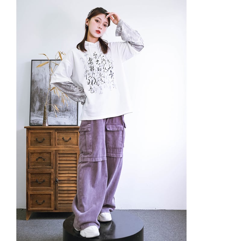 [Kokaisha---Shinkyo Series] ★China style hoodie★ Tops Faux layered letter pattern original black white