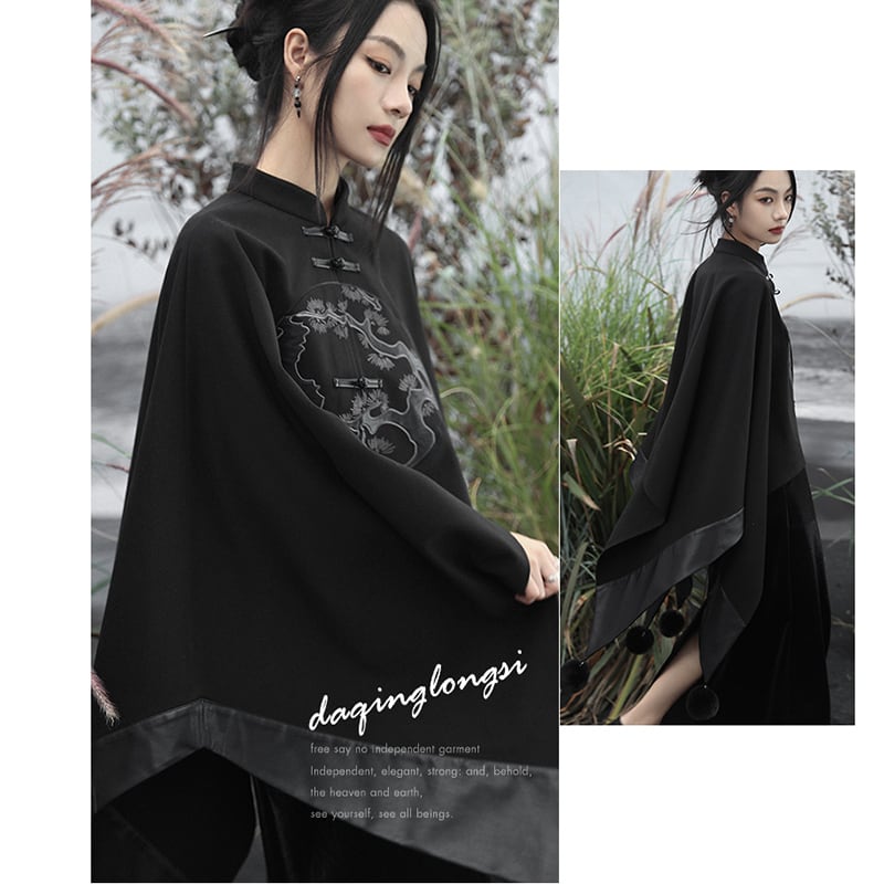 [Da Qinglong Shu Series] ★China style outerwear★ Cloak coat Rasha embroidery Chinese clothing Black Black Irregular