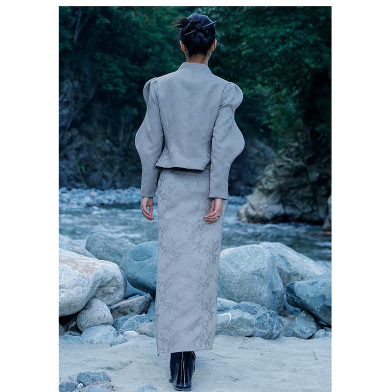 [Big Blue Dragon Series] ★China style outerwear★ Mini length with design Original Gray Gray Improves temperament