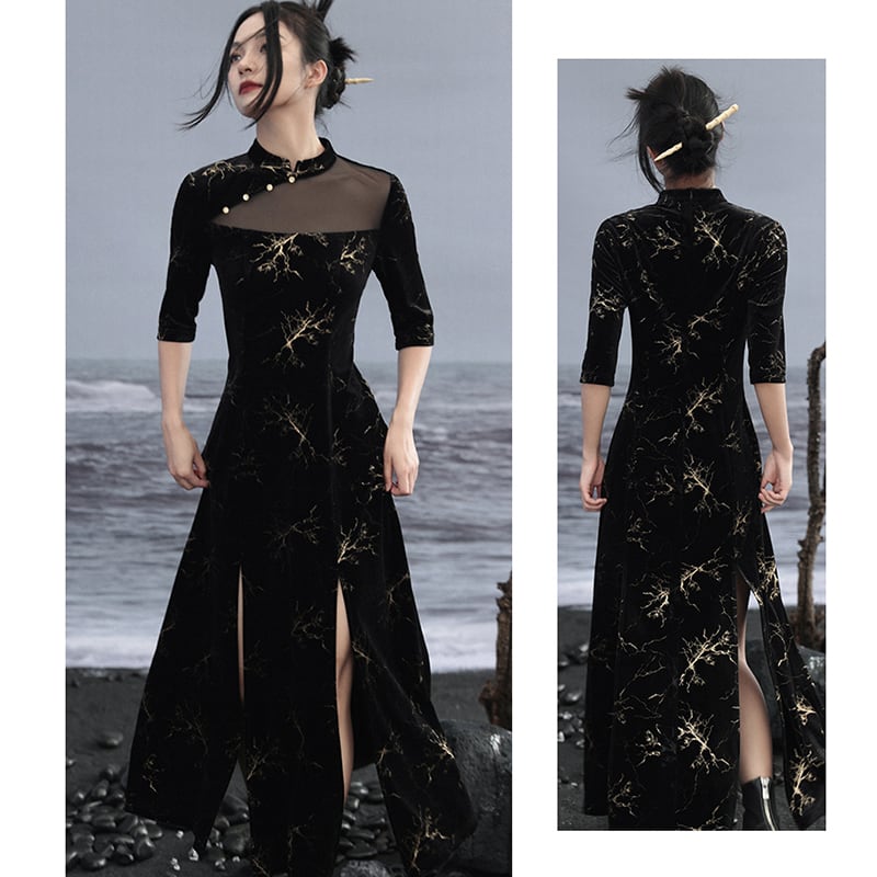 [Daiseiryusu Series] ★China-style dress★ Improved cheongsam dress, velvet, switching slit, black