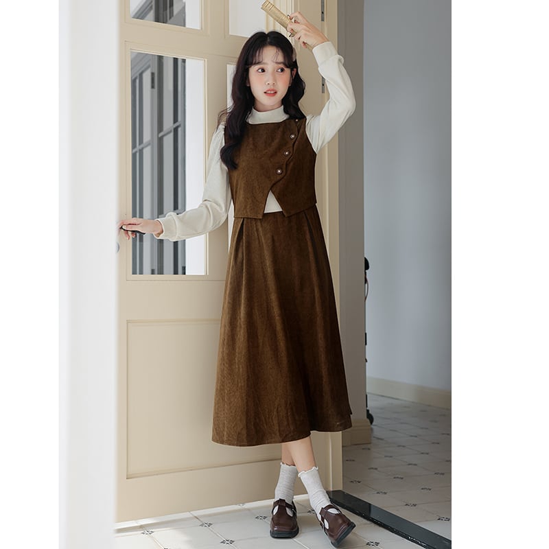 [CHIC Series] ★One Piece★ Faux Layered Corduroy Coffee Color Date Improves Temperament