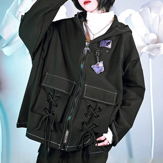 【古怪舍---燕尾蝶シリーズ】★チャイナ風アウター★ coat フード付き 蝶々 オリジナル ブラック 黒い 春秋服