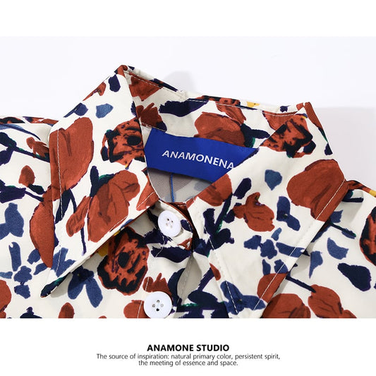 [ANAMONE STUDIO Series] ★Floral Pattern Shirt★ Tops Short Sleeve Print Retro SML Short Length Red Red