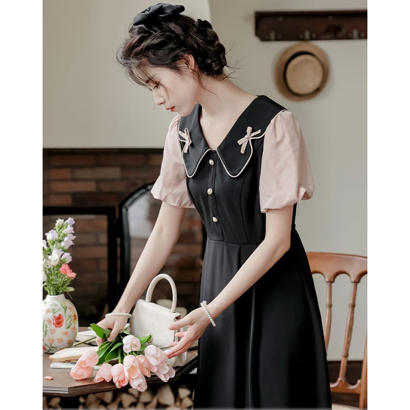 [White Moonlight Series]★China style dress★ 2color short sleeve dress summer clothes fake layered ribbon