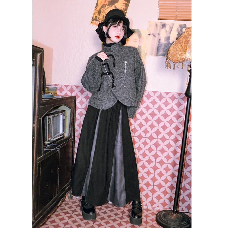 [Kokaisha---Ochienura Series] ★China style coat★ Lasha Quilted Winter Coat Short Length Gray