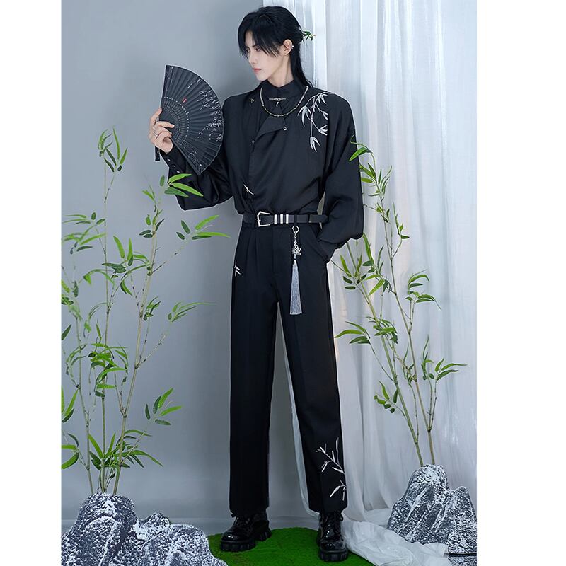 [Kuraho Koya Series]★China style trousers★Bottoms Bamboo embroidery Unisex Men's Black Black