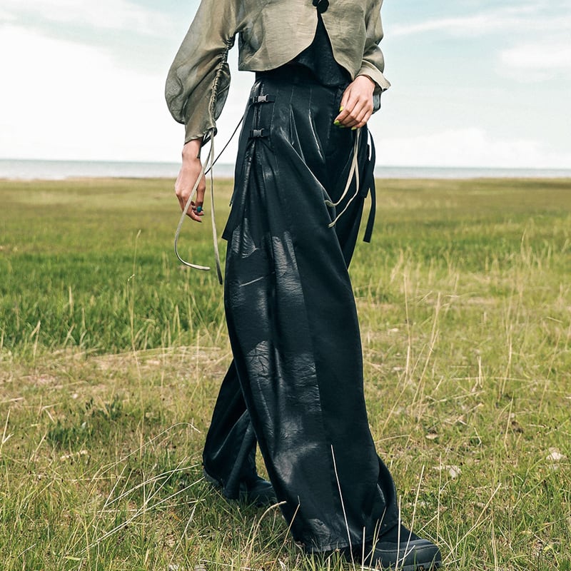 [Big Blue Dragon Series] ★China style gaucho pants★ Gaucho bottoms switching print slimming black black