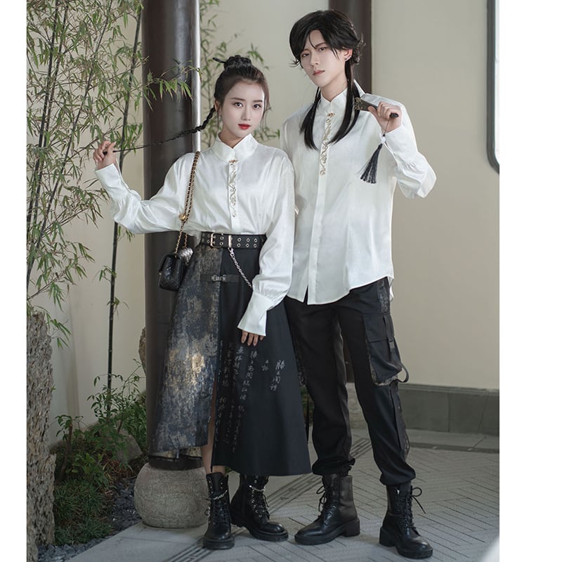 [Qingtang --- Yunzhong-kun Series] ★Chinese style shirt★ Long sleeve shirt embroidery Chinese clothes Easy to match Unisex Men's White White