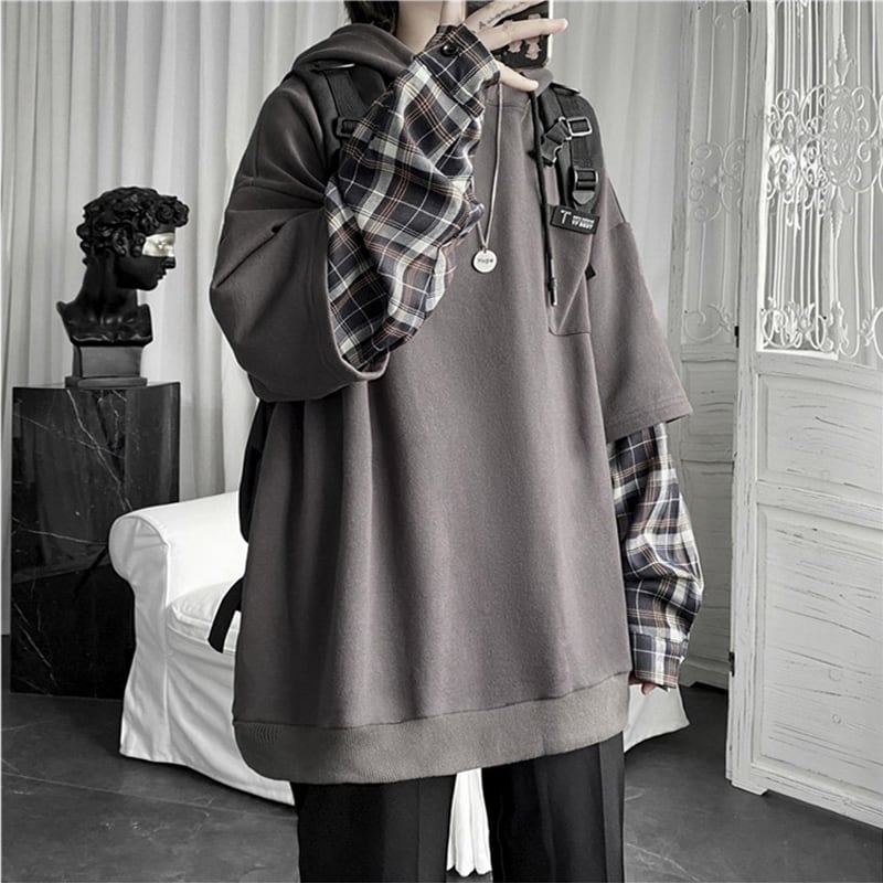 [Vesibo Series] ★Tops★ 3 colors fake layered casual plaid pattern unisex men's white black gray