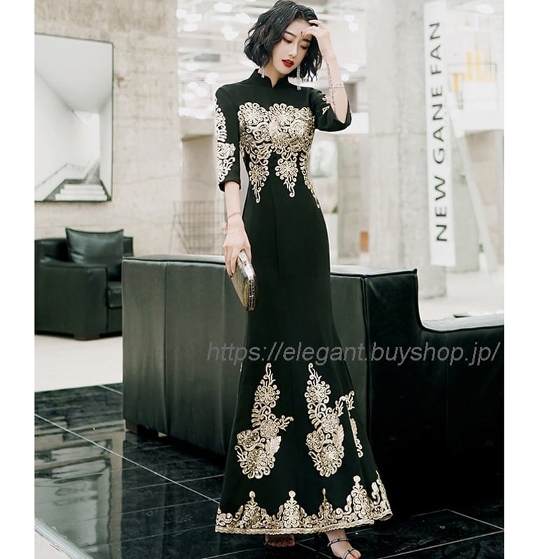 Improved Chinese Dress Mermaid Line Coming of Age Ceremony Party Dress Invitation Evening S~4L Black Black