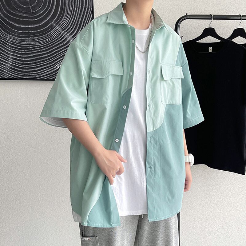 [BIGEMAN Series]★Shirt★ Tops 2color Unisex Men's Large Size Color Scheme Short Sleeve Shirt White Green