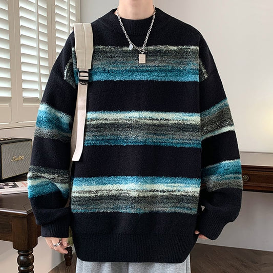 [ZUOFEILI Series] ★Sweater★ 2color Knit Tops Oil Painting Style Horizontal Stripes Striped Pattern Color Unisex Men's