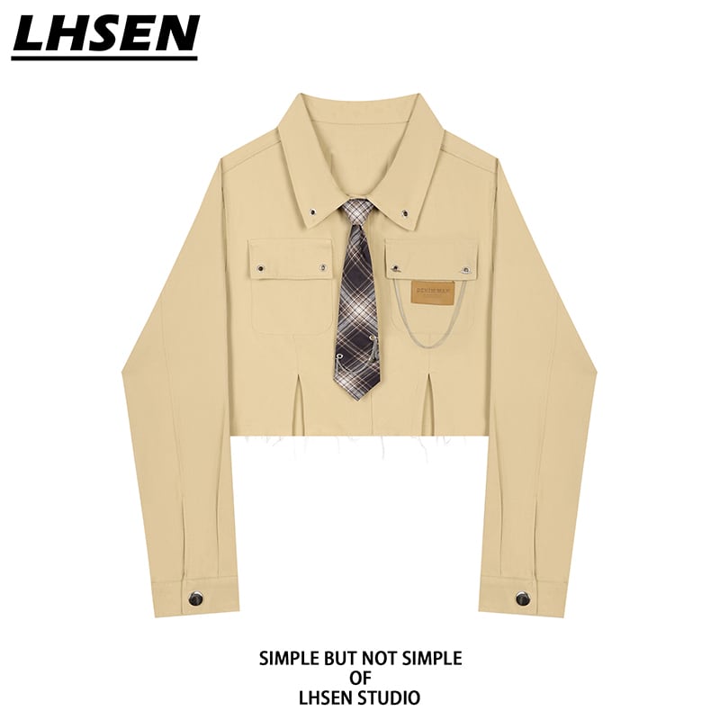 [LHSEN Series]★Shirt with tie★ Long sleeve shirt with chain Short length Check pattern Stylish Yellow