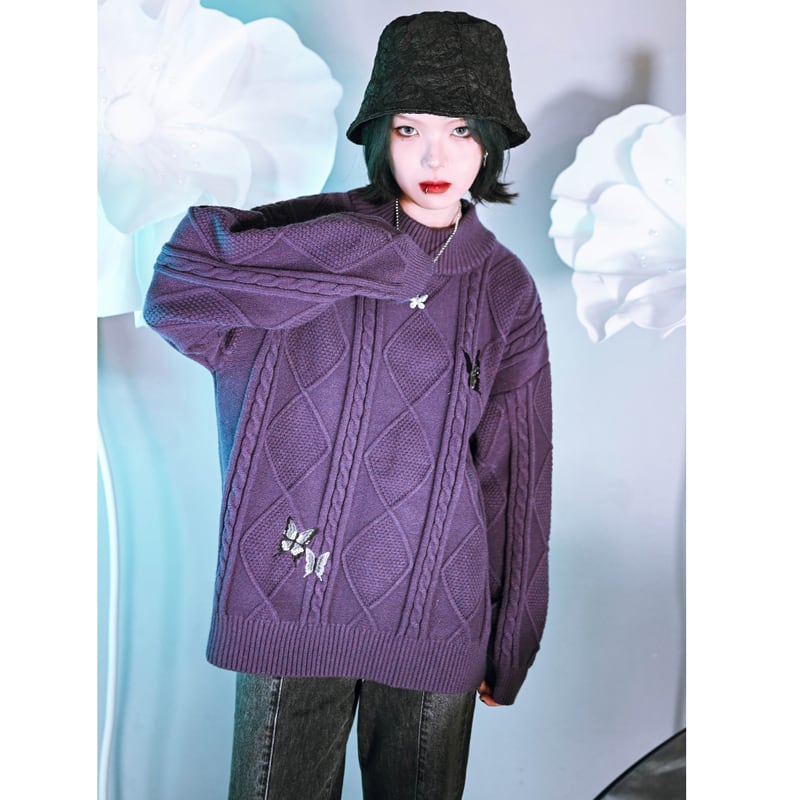 [Ancient monster---Swallow tail butterfly series] ★China style sweater★ Tops Embroidery Butterfly Purple Purple SML Casual